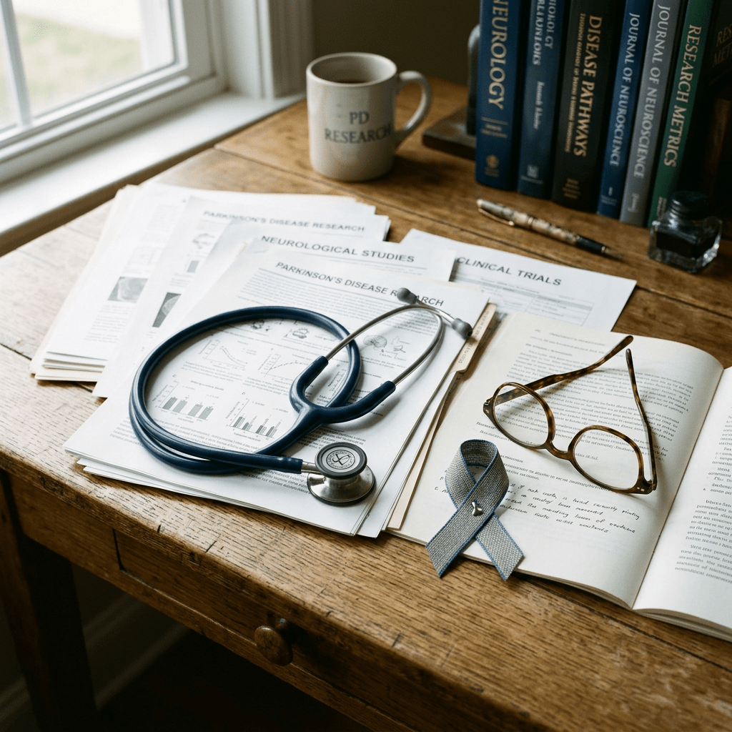 Stethoscope and research papers about Parkinson’s disease beside medical books